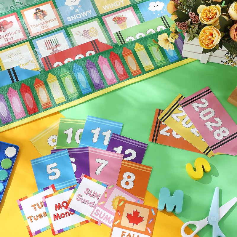 Sinload Classroom Calendar Pocket Chart Set Calendar Bulletin Board Set Seasons Festival Weather Pocket Chart for Classroom Decoration Back to School Supplies(Crayon) - Image 5